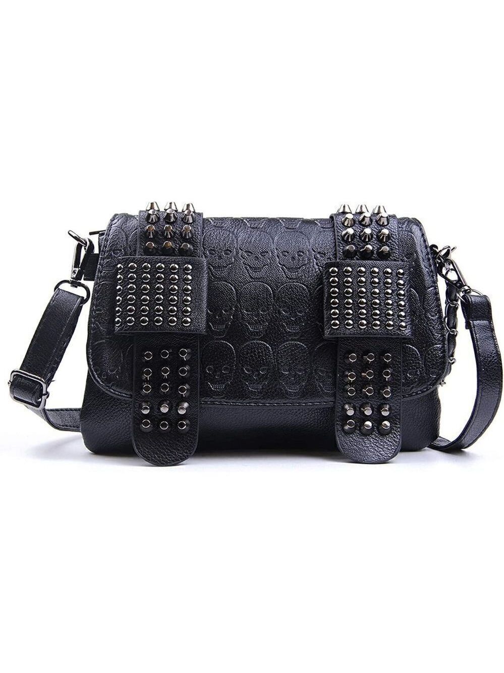 Black Leather Skull Crossbody Bag Chain Gothic Shoulder Biker Rocker Studded NWT - Picture 2 of 11